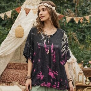 Papa Vancouver Black Pink Tie-Dye Rayon Boho Tunic Top Free Size